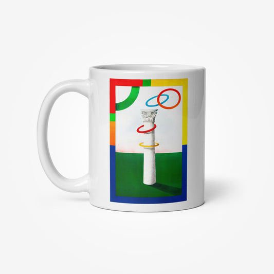 Mug with Milton Glaser’s Sarajevo 1984 Olympic artwork featuring Yugoslav column and Olympic rings