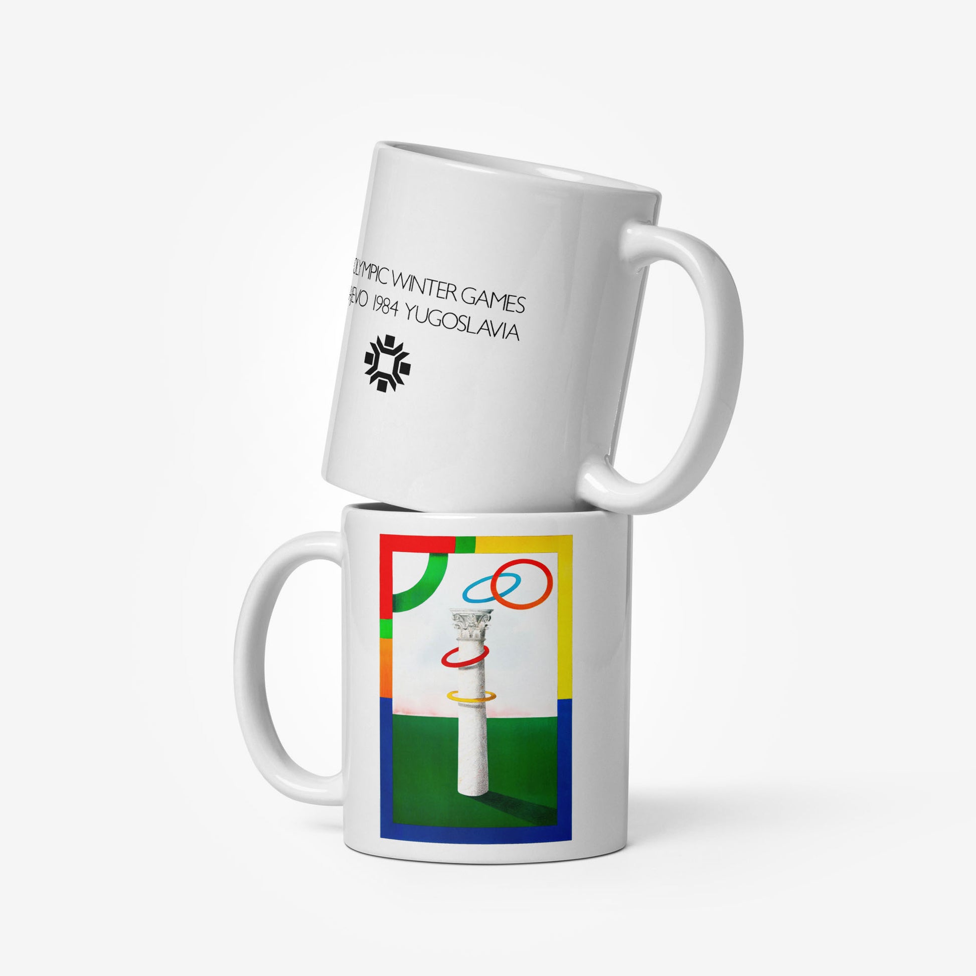 Mug with Milton Glaser’s Sarajevo 1984 Olympic artwork featuring Yugoslav column and Olympic rings