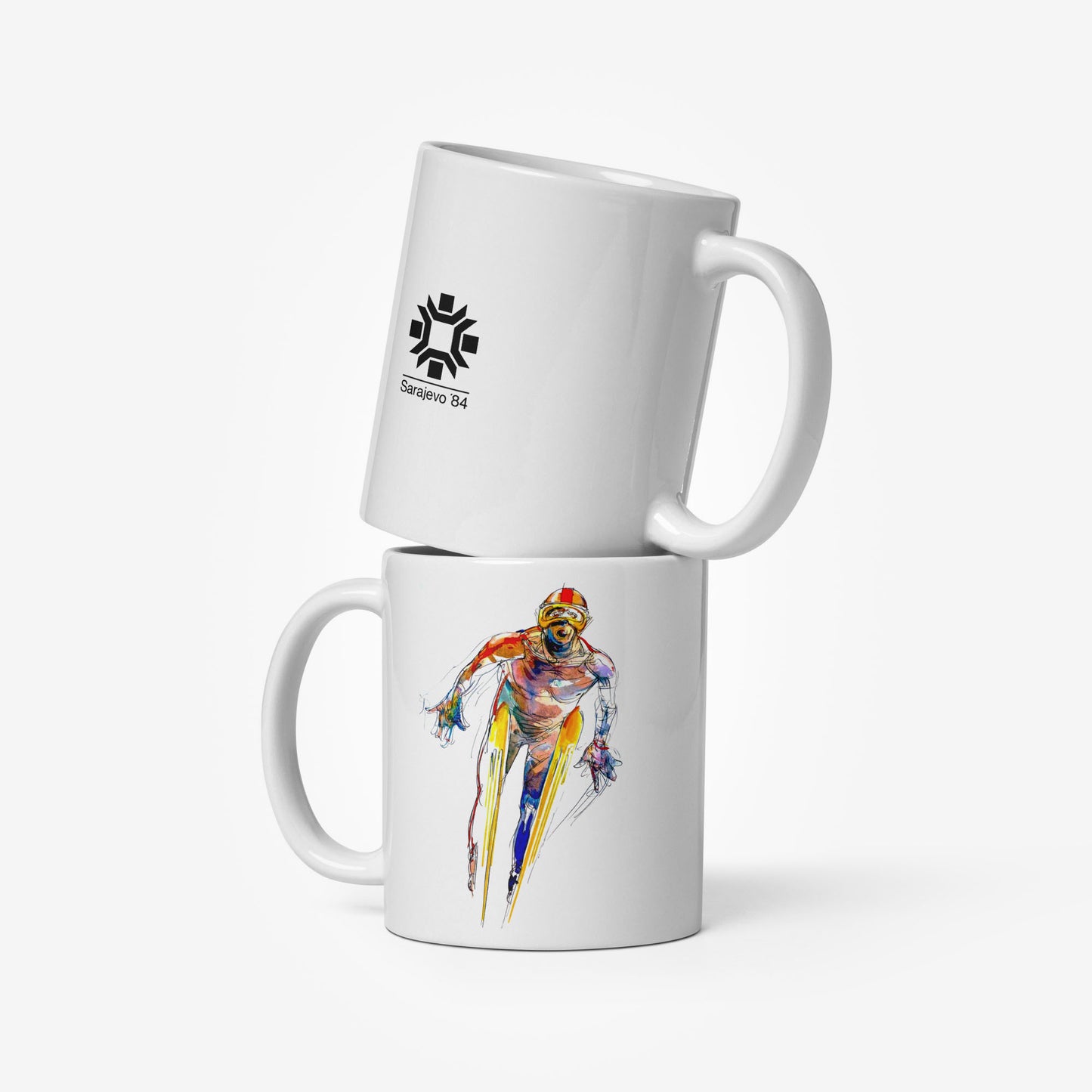 Mug with Sarajevo 1984 Olympic ski jumping artwork by Ismar Mujezinović