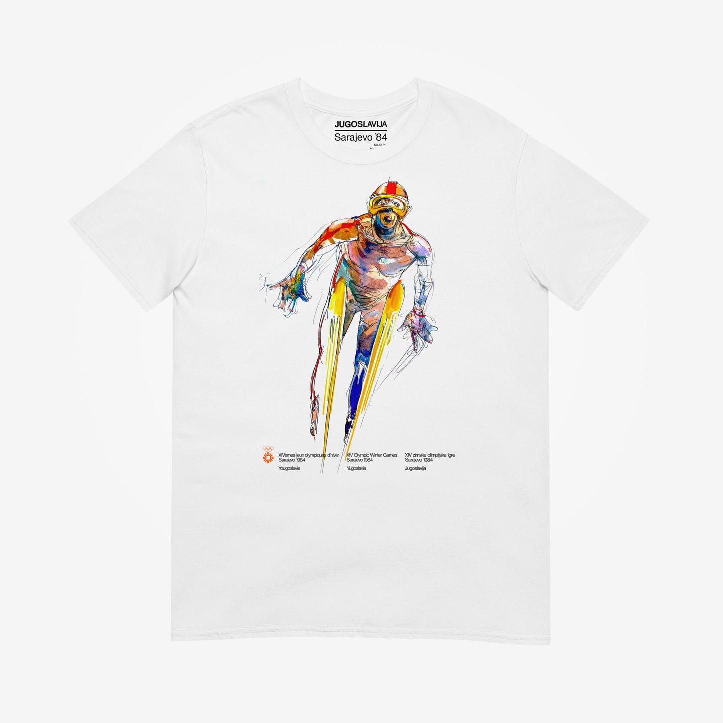Unisex T-shirt with Sarajevo 1984 Olympic ski jumping artwork by Ismar Mujezinović