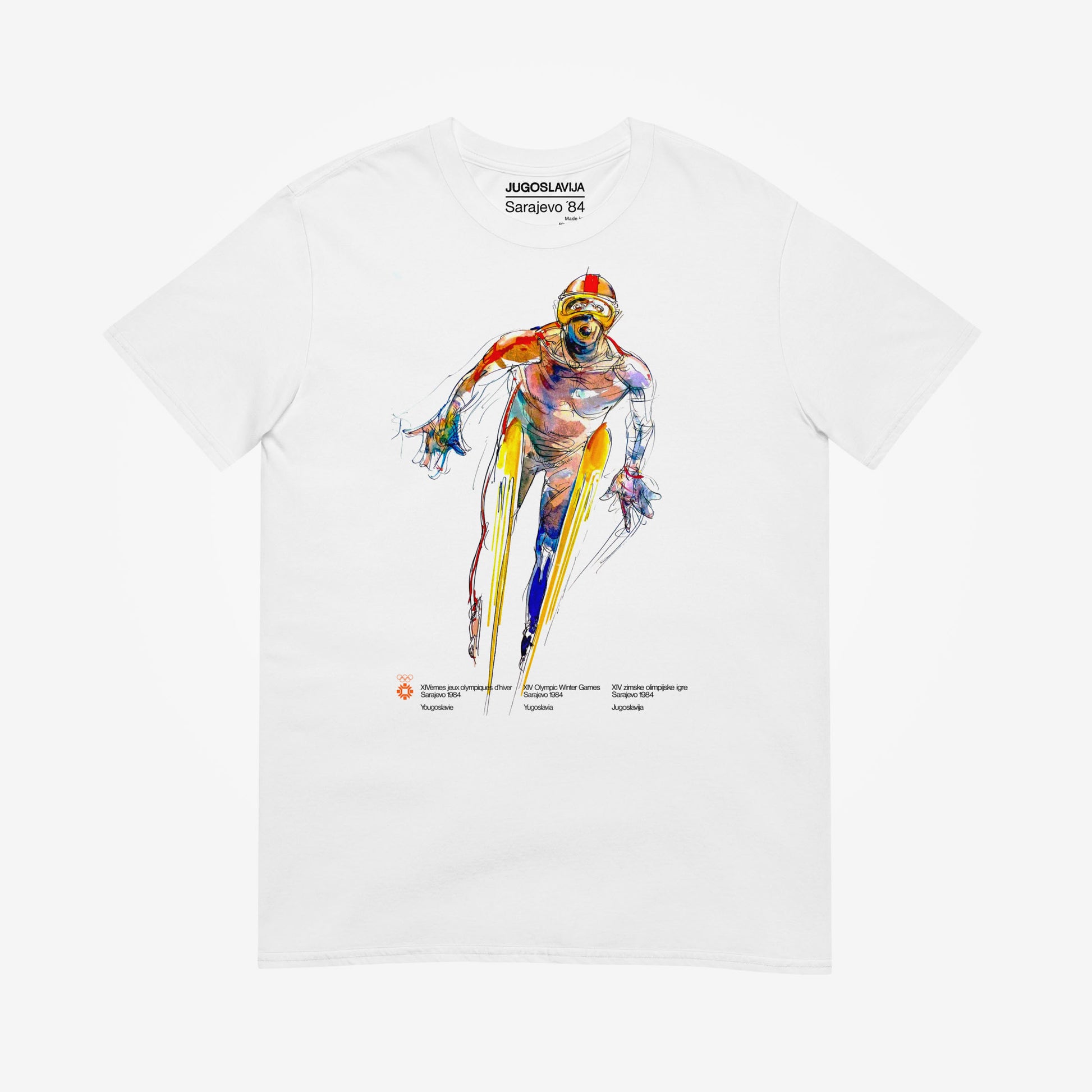 Unisex T-shirt with Sarajevo 1984 Olympic ski jumping artwork by Ismar Mujezinović
