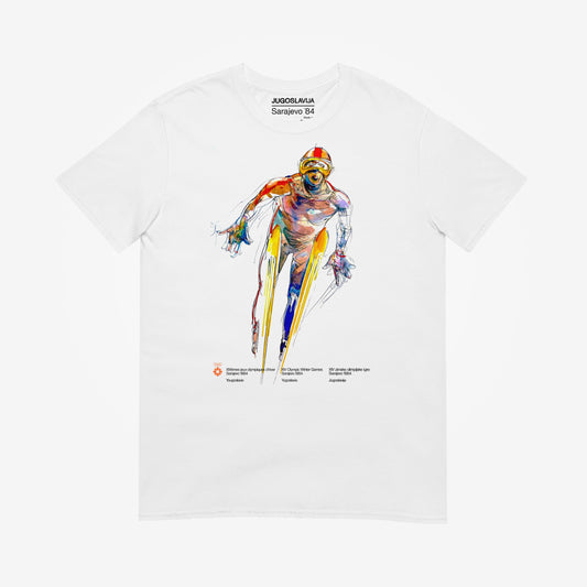 Unisex T-shirt with Sarajevo 1984 Olympic ski jumping artwork by Ismar Mujezinović