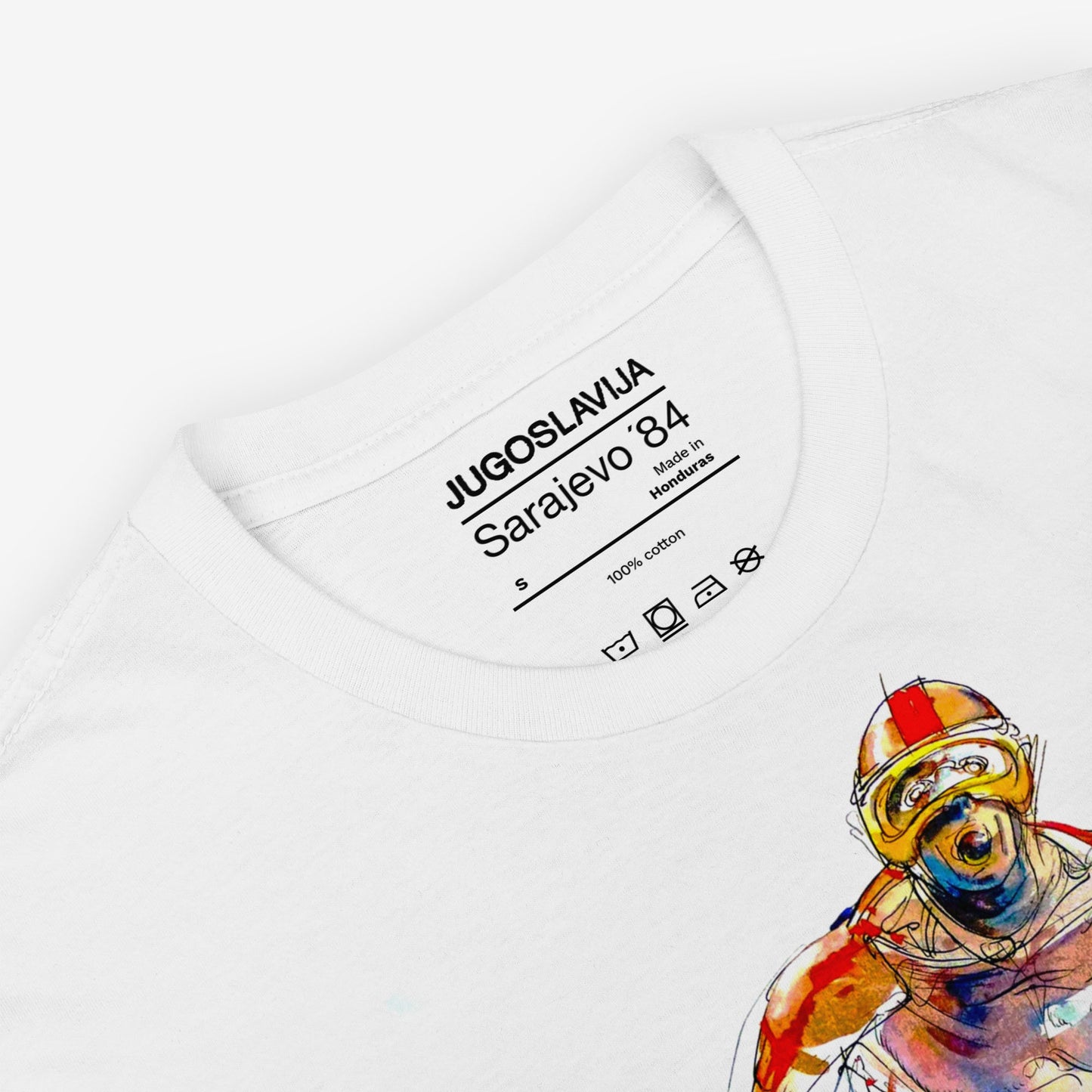 Unisex T-shirt with Sarajevo 1984 Olympic ski jumping artwork by Ismar Mujezinović