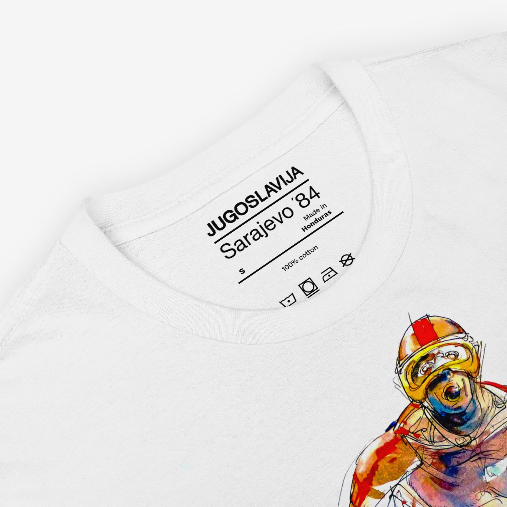 Unisex T-shirt with Sarajevo 1984 Olympic ski jumping artwork by Ismar Mujezinović