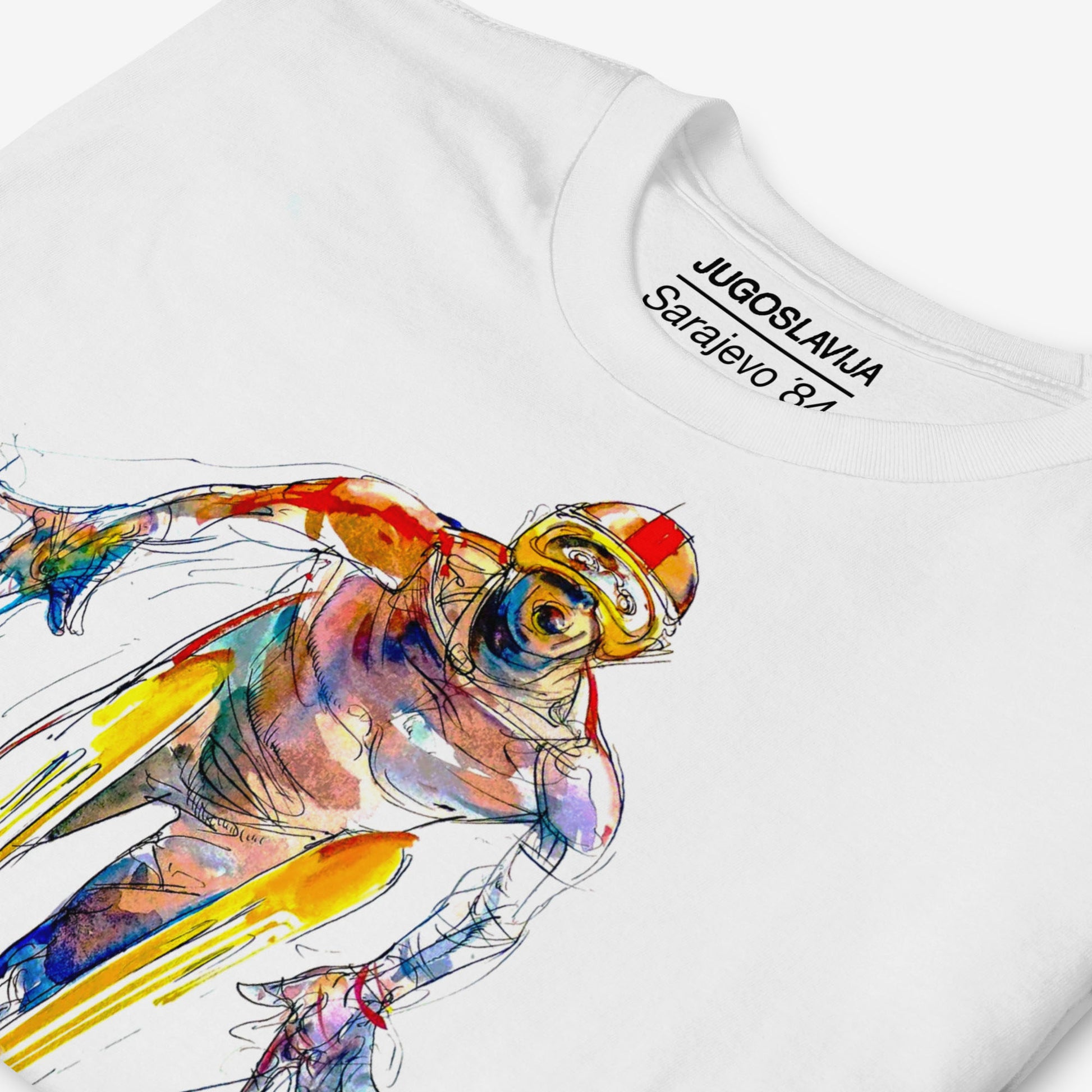 Unisex T-shirt with Sarajevo 1984 Olympic ski jumping artwork by Ismar Mujezinović