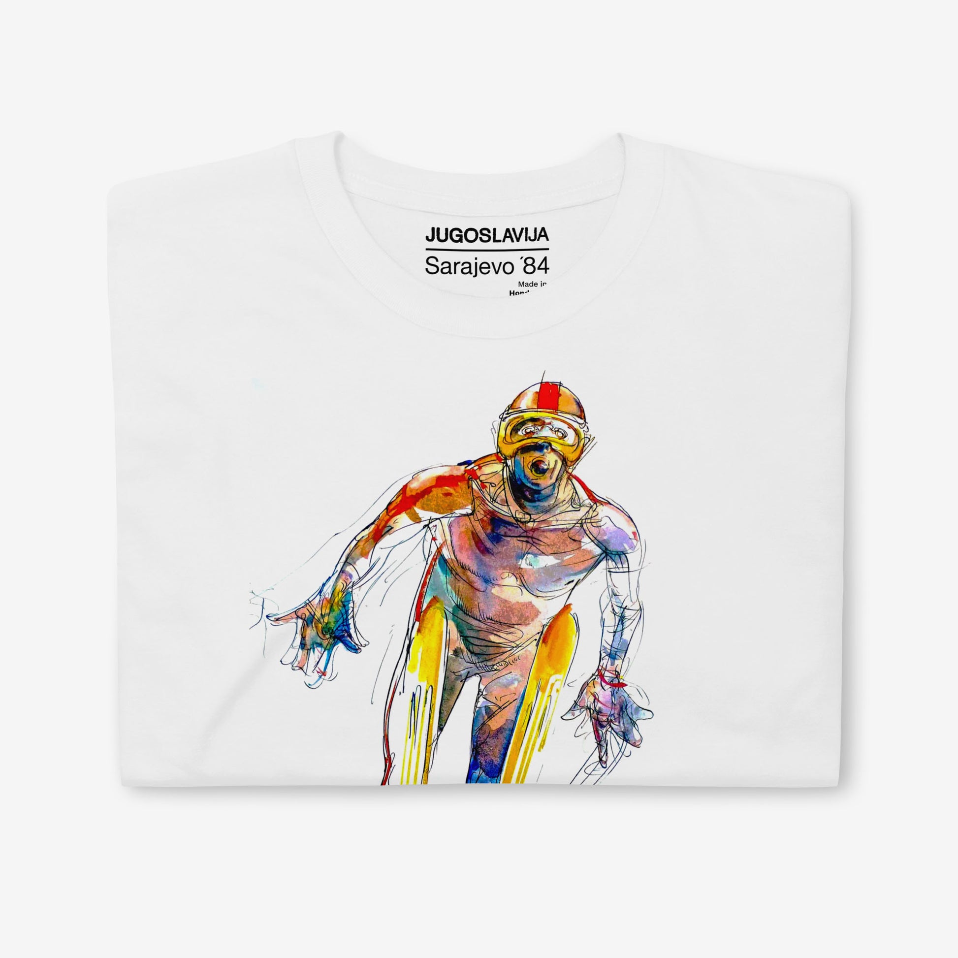 Unisex T-shirt with Sarajevo 1984 Olympic ski jumping artwork by Ismar Mujezinović