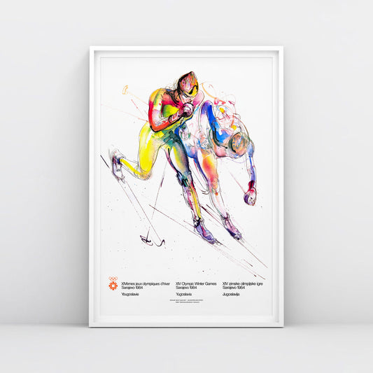 Skiing Sarajevo 1984 Winter Olympics poster by Ismar Mujezinović in large archival format
