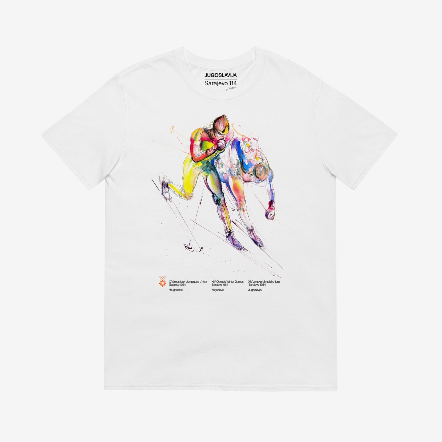 Unisex Skiing T-shirt with Sarajevo 1984 Winter Olympics artwork by Ismar Mujezinović
