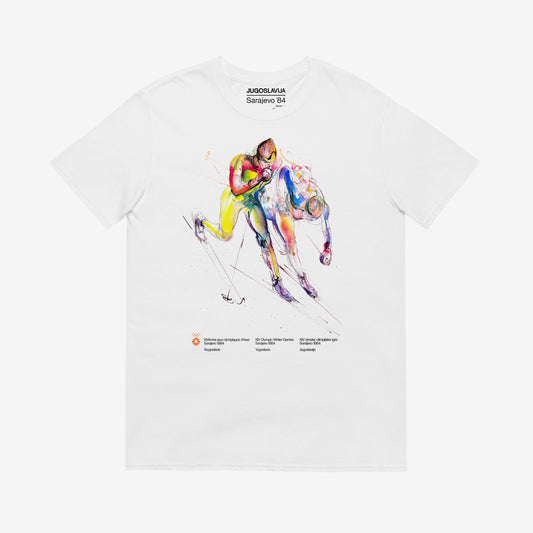 Unisex Skiing T-shirt with Sarajevo 1984 Winter Olympics artwork by Ismar Mujezinović