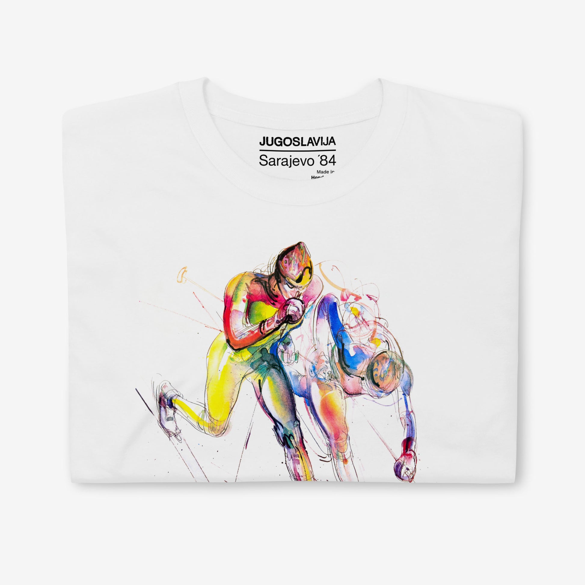 Unisex Skiing T-shirt with Sarajevo 1984 Winter Olympics artwork by Ismar Mujezinović