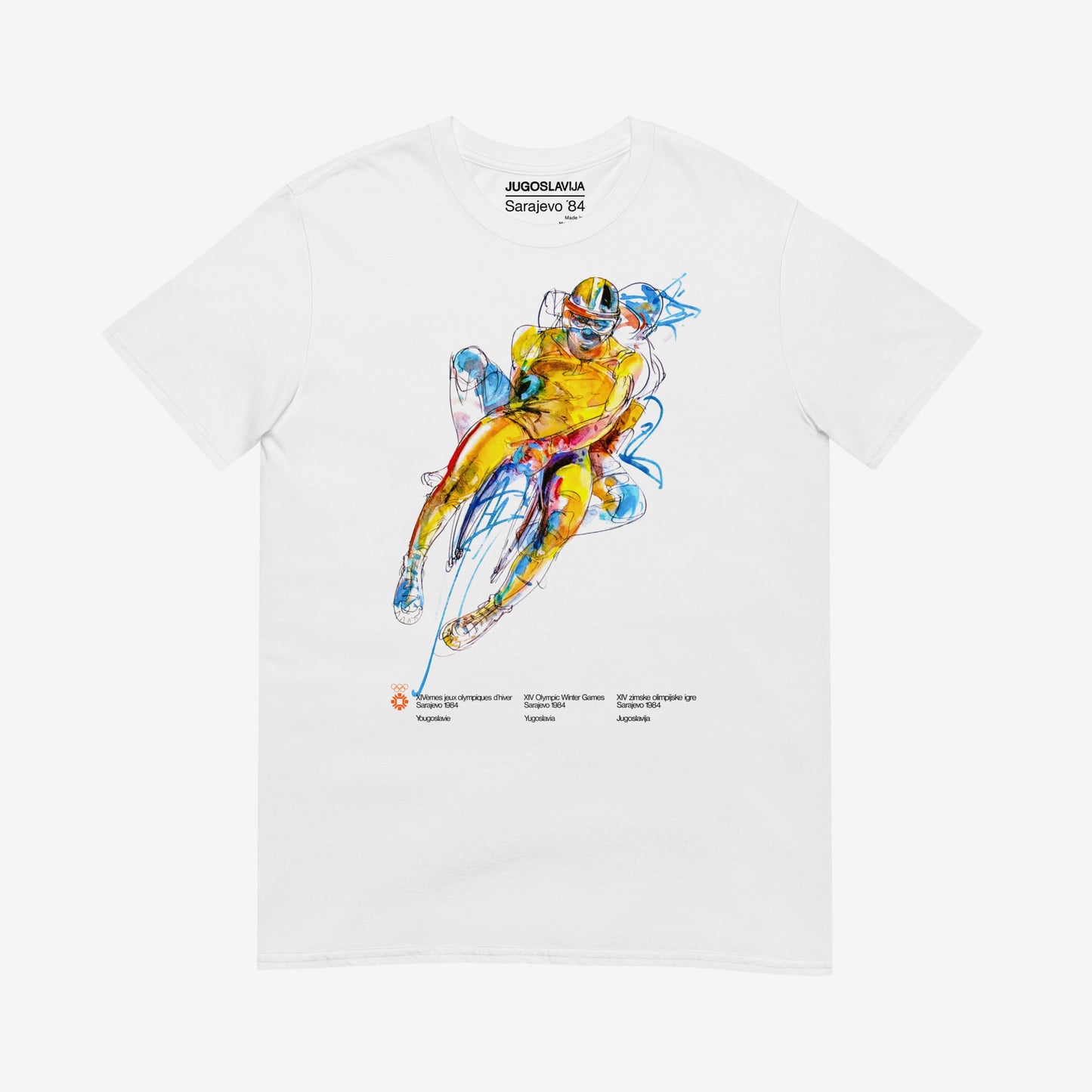 Unisex T-shirt with Sarajevo 1984 Olympic sledding artwork by Ismar Mujezinović