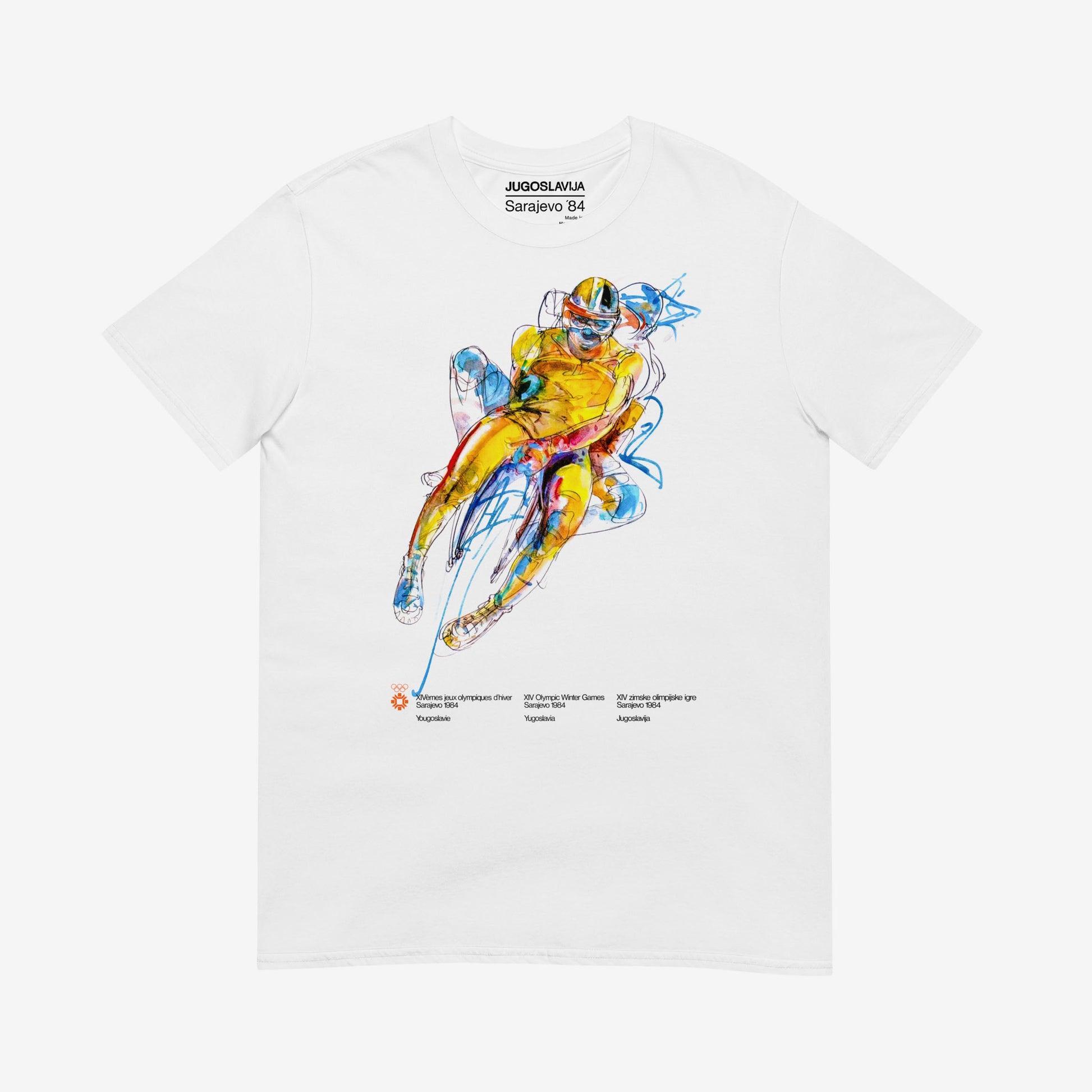 Unisex T-shirt with Sarajevo 1984 Olympic sledding artwork by Ismar Mujezinović