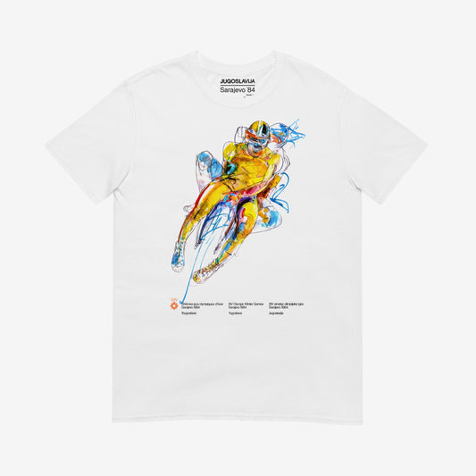 Unisex T-shirt with Sarajevo 1984 Olympic sledding artwork by Ismar Mujezinović