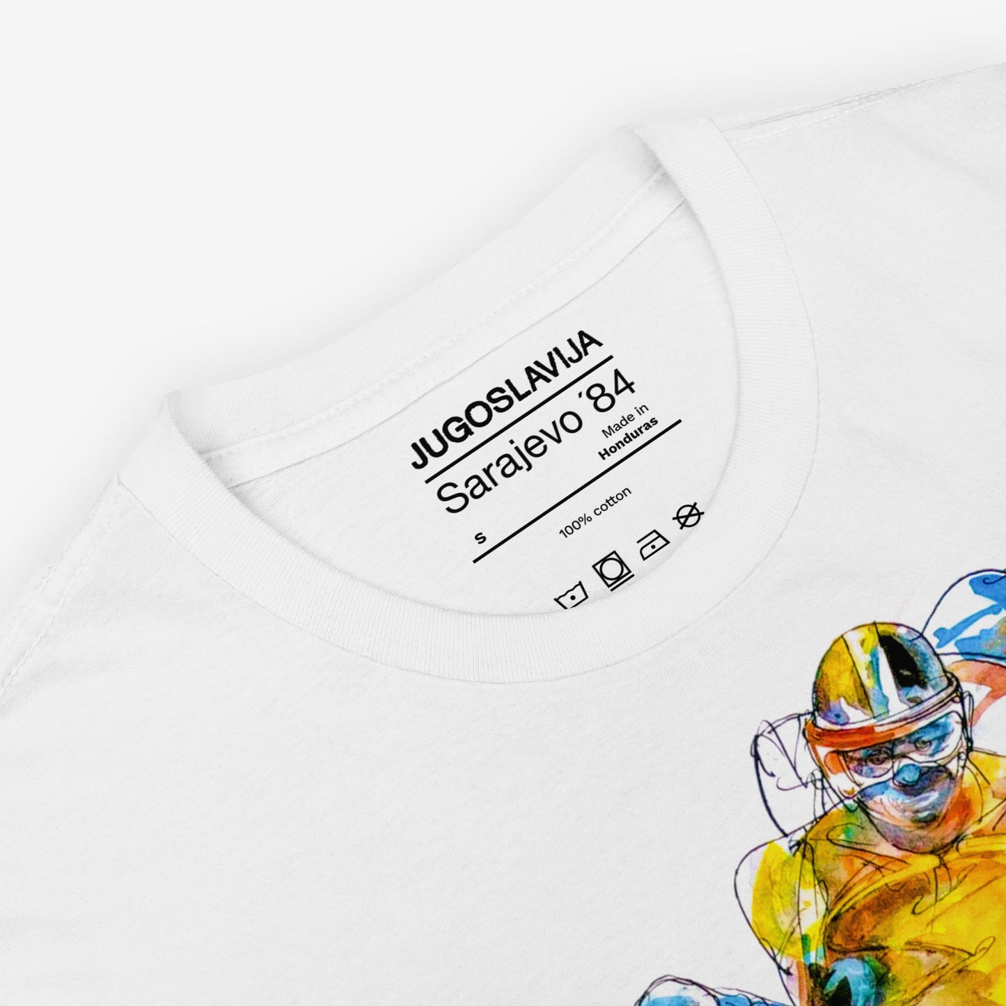 Unisex T-shirt with Sarajevo 1984 Olympic sledding artwork by Ismar Mujezinović