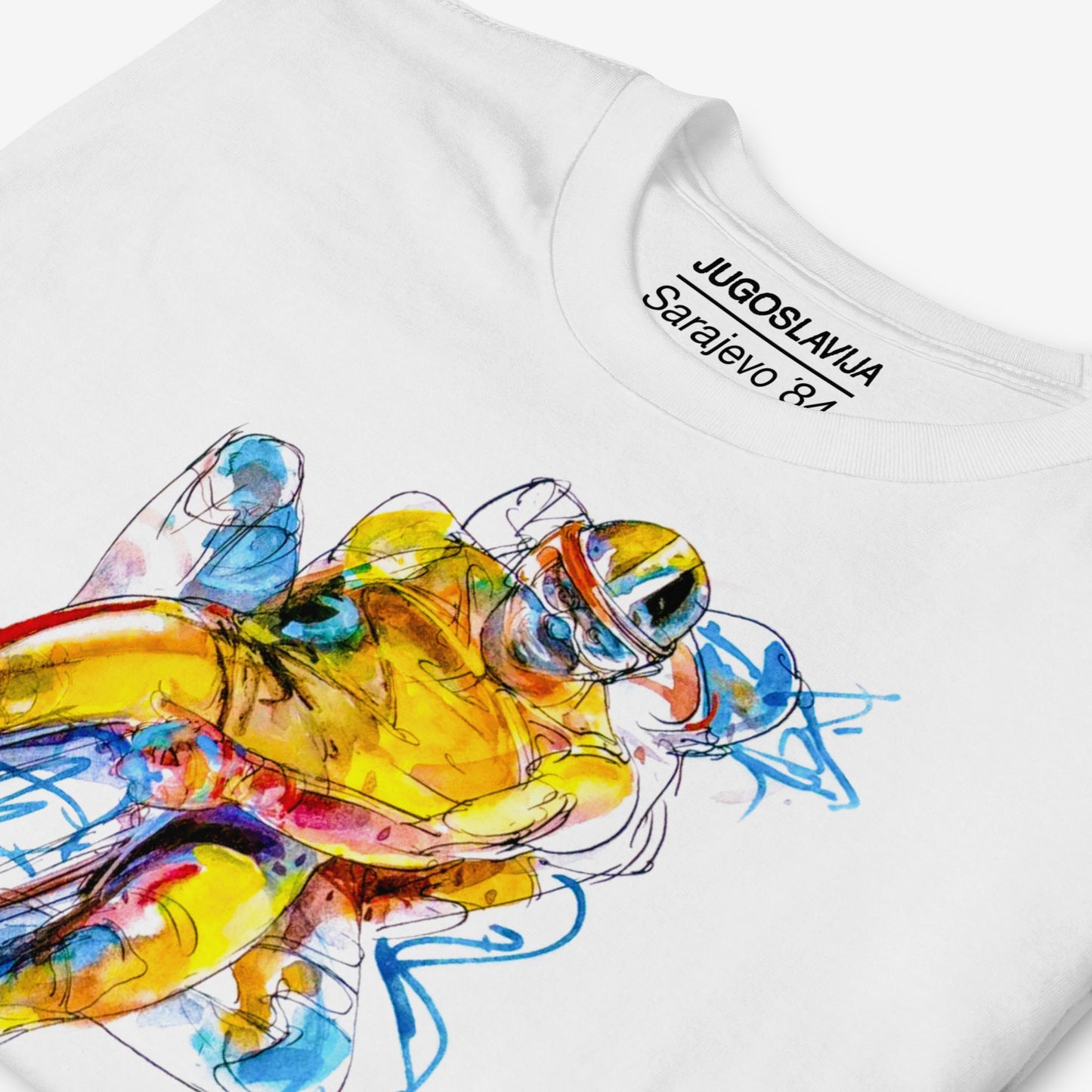 Unisex T-shirt with Sarajevo 1984 Olympic sledding artwork by Ismar Mujezinović