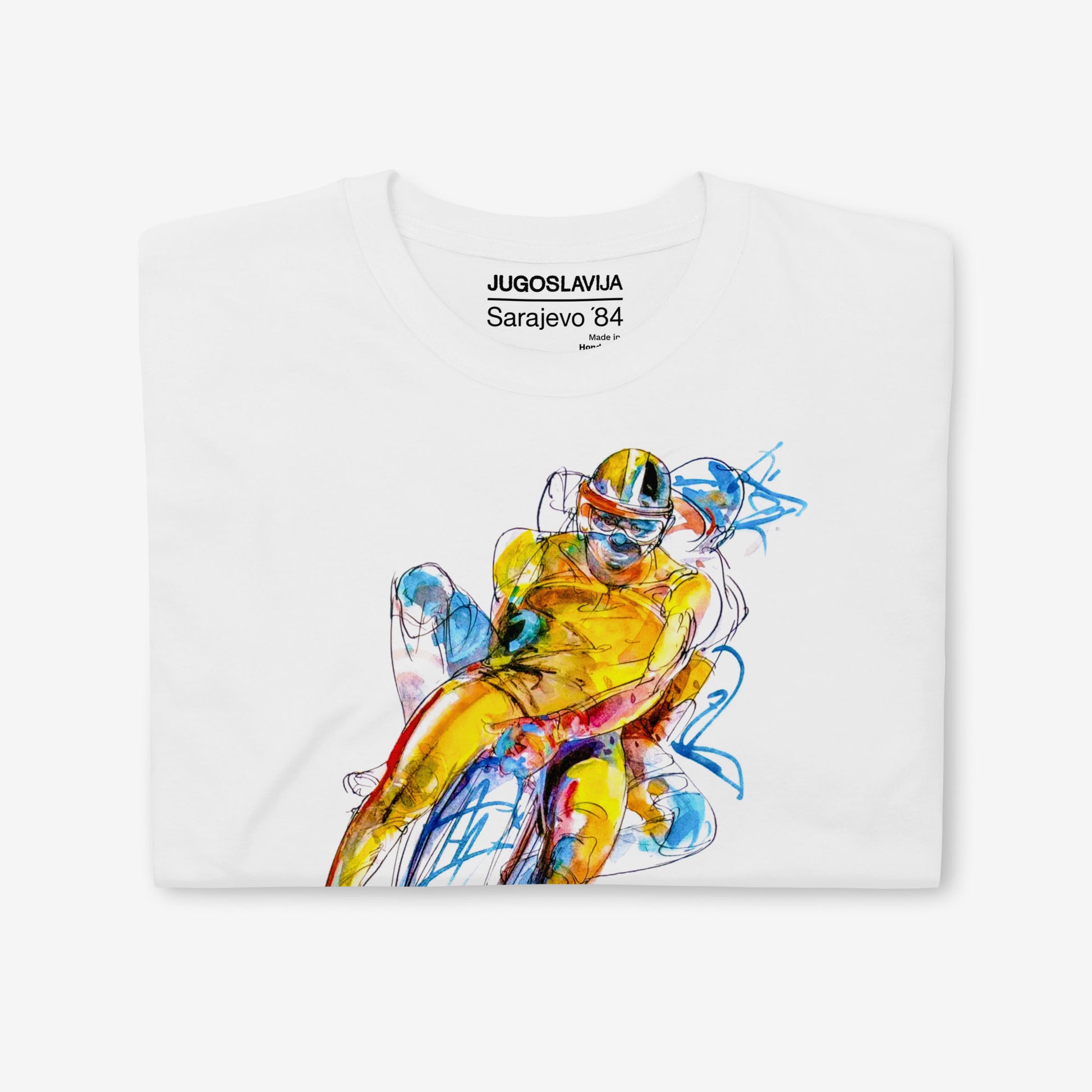 Unisex T-shirt with Sarajevo 1984 Olympic sledding artwork by Ismar Mujezinović