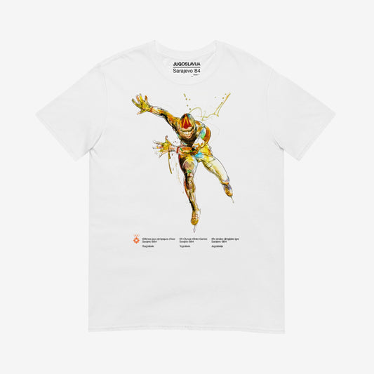 Unisex Speed Skating T-shirt with Sarajevo 1984 Winter Olympics artwork by Ismar Mujezinović