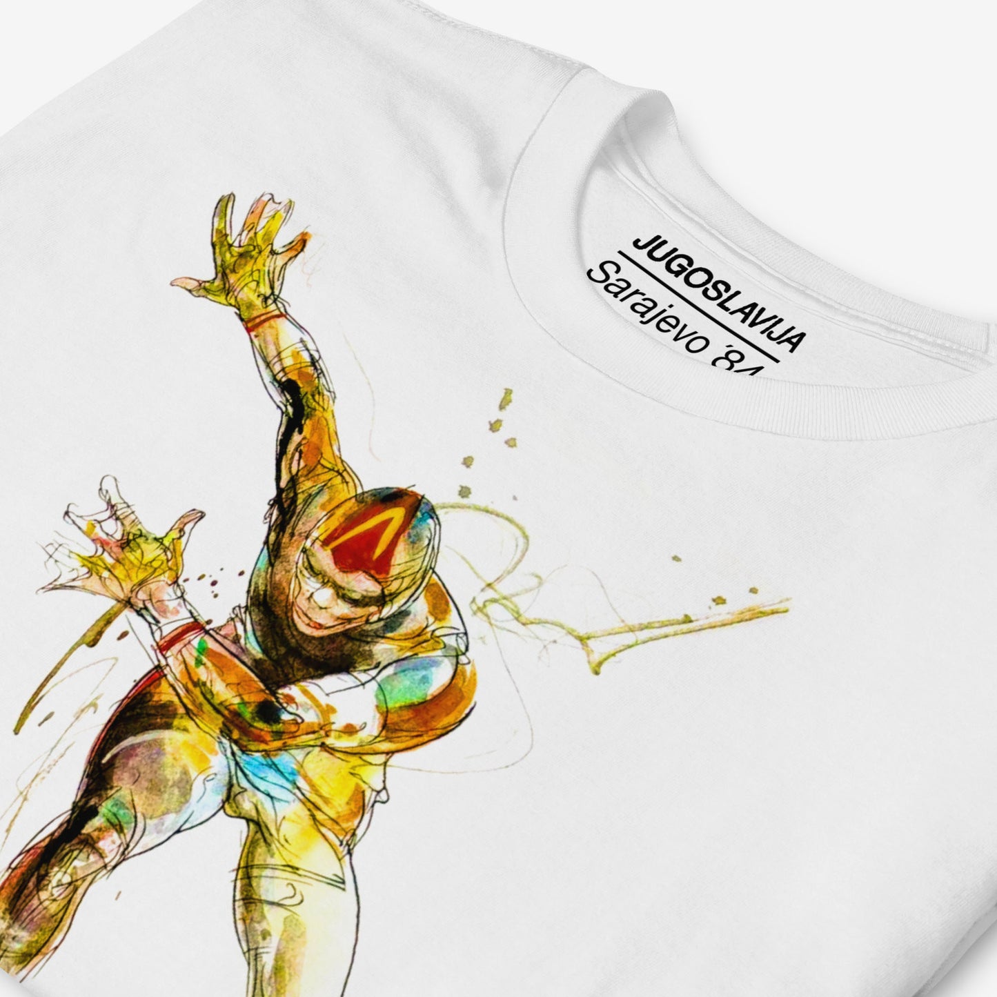 Unisex Speed Skating T-shirt with Sarajevo 1984 Winter Olympics artwork by Ismar Mujezinović