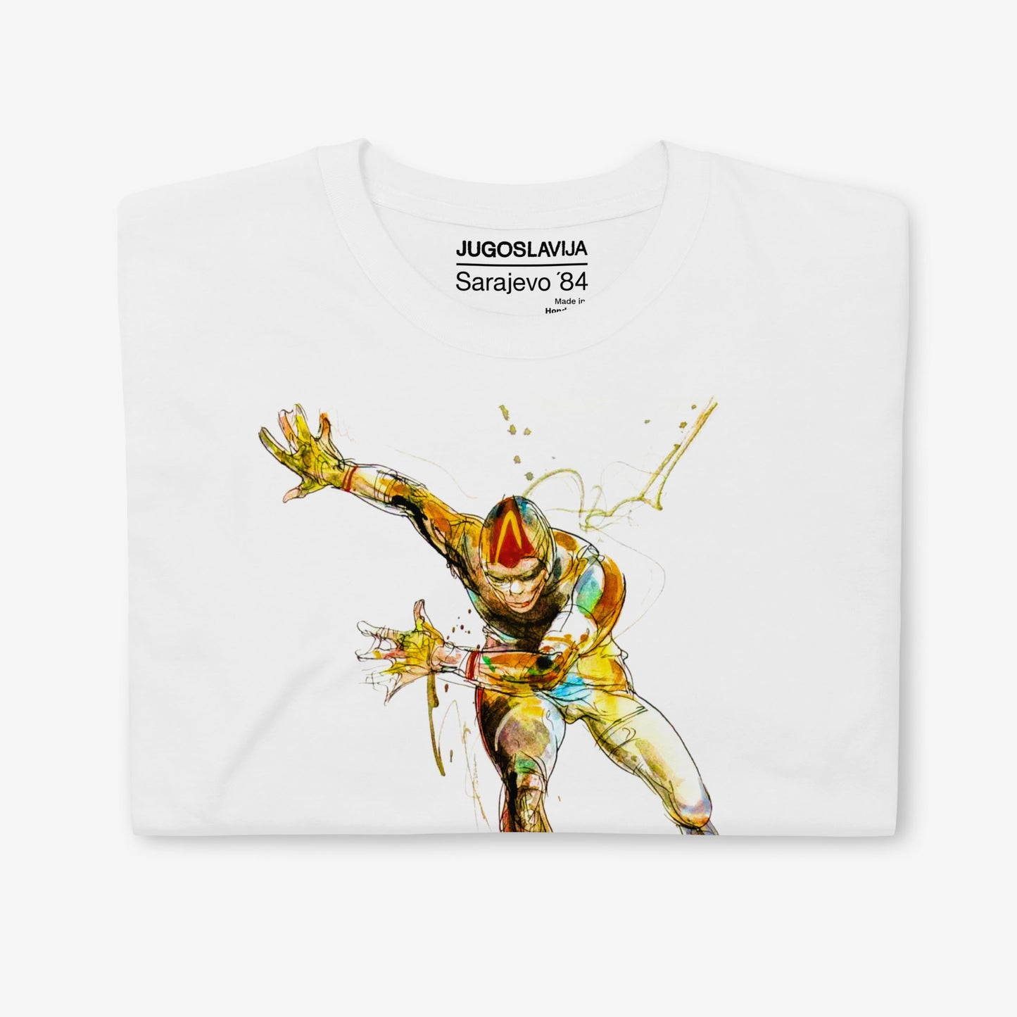 Unisex Speed Skating T-shirt with Sarajevo 1984 Winter Olympics artwork by Ismar Mujezinović