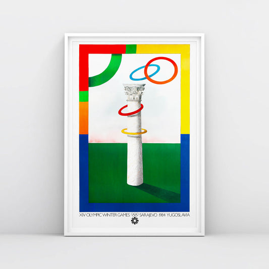 Large poster of Milton Glaser’s Sarajevo 1984 Olympic design with antique column and Olympic rings