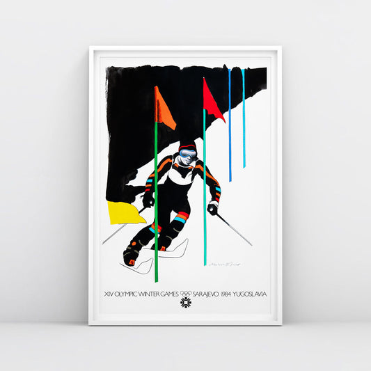 Large Milton Glaser Sarajevo Olympics poster with skier artwork