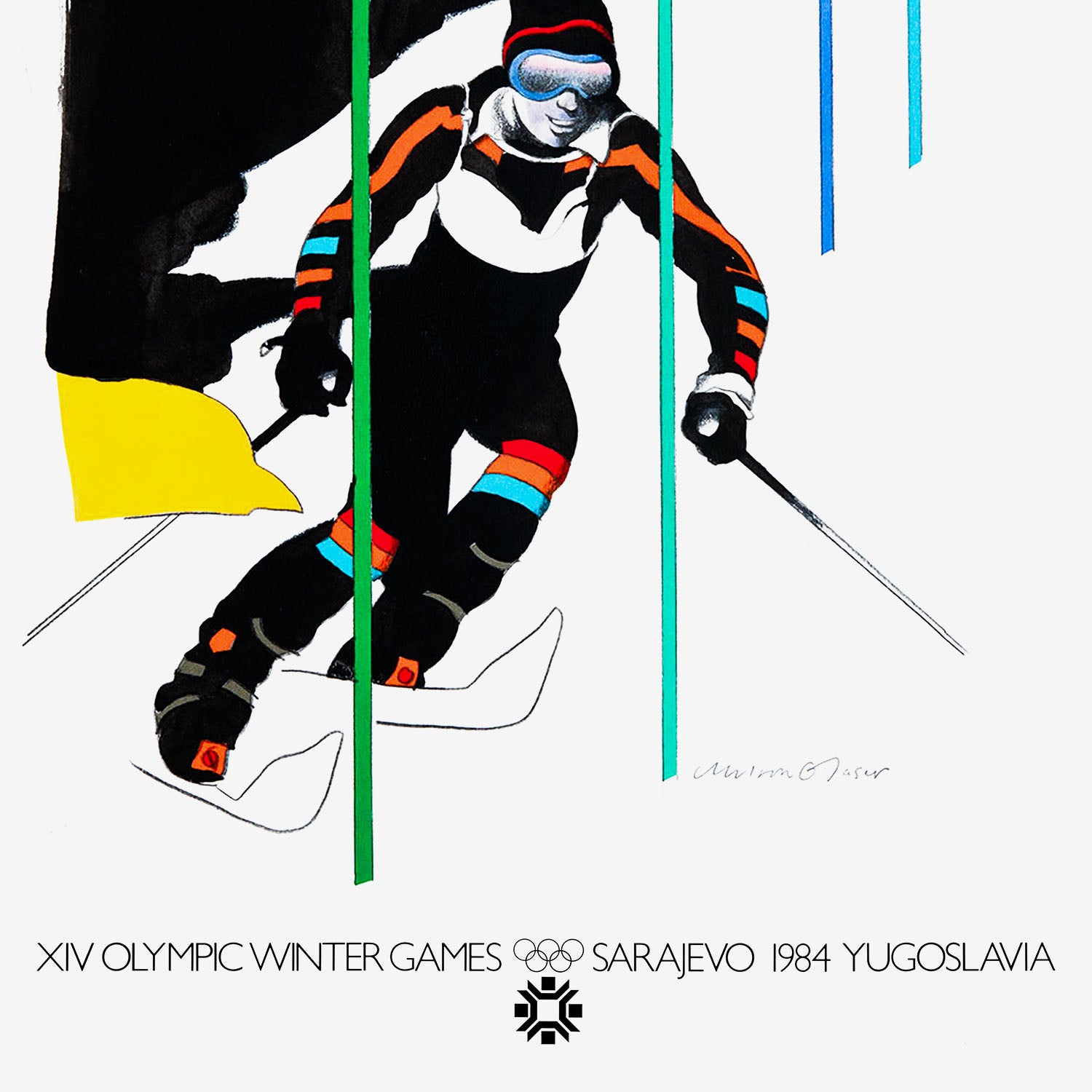 Large Milton Glaser Sarajevo Olympics poster with skier artwork