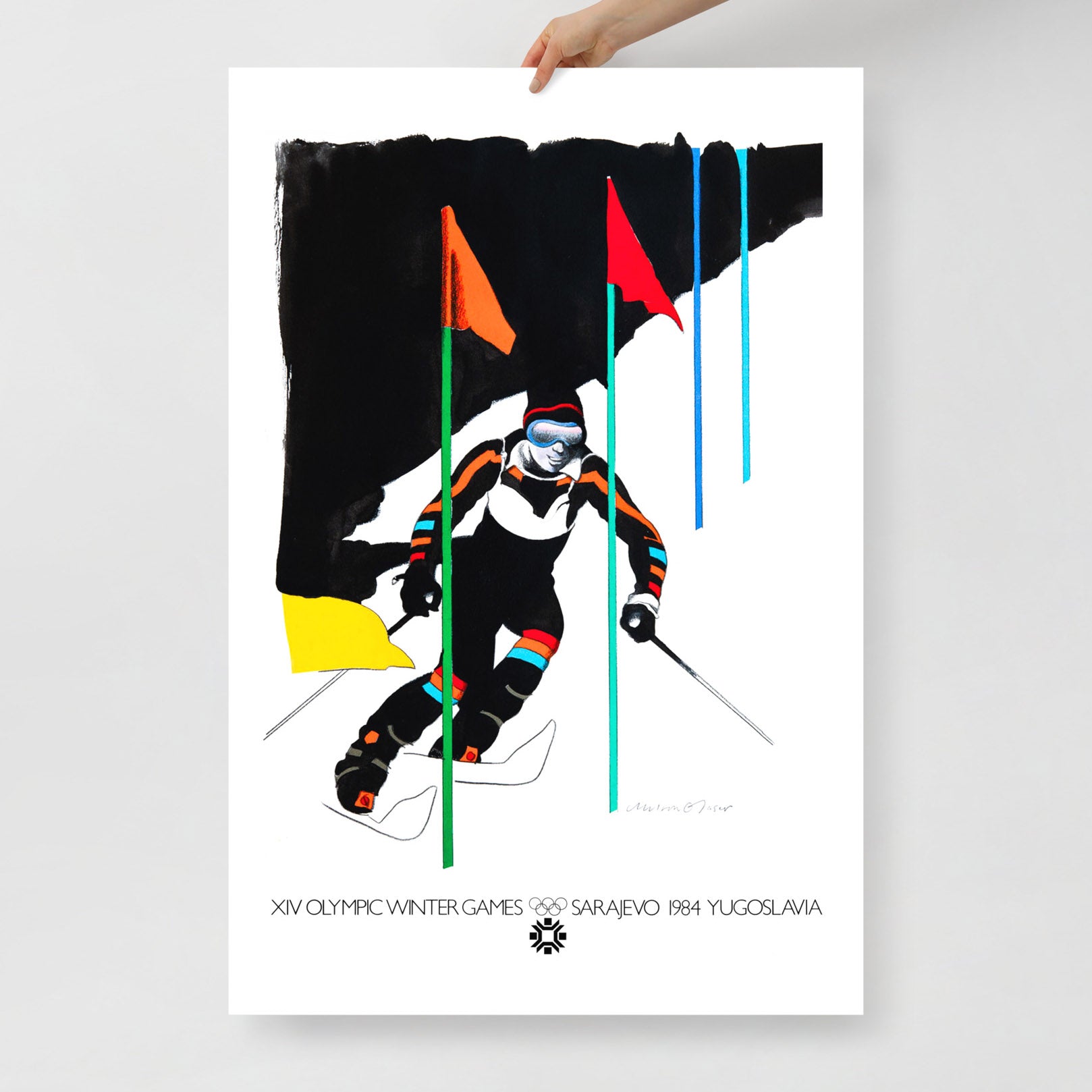 Large Milton Glaser Sarajevo Olympics poster with skier artwork