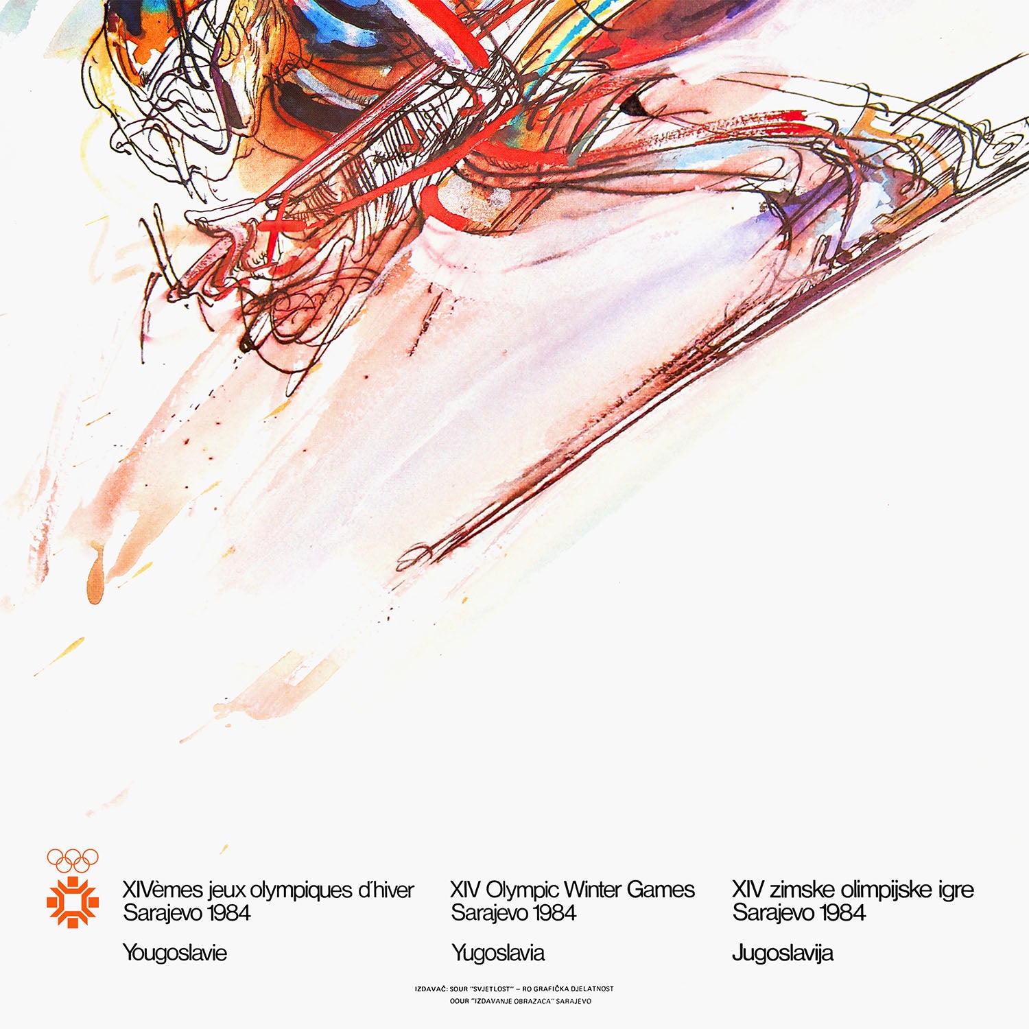 High-resolution Tech Skiing poster from Sarajevo 1984 Olympics by Ismar Mujezinović