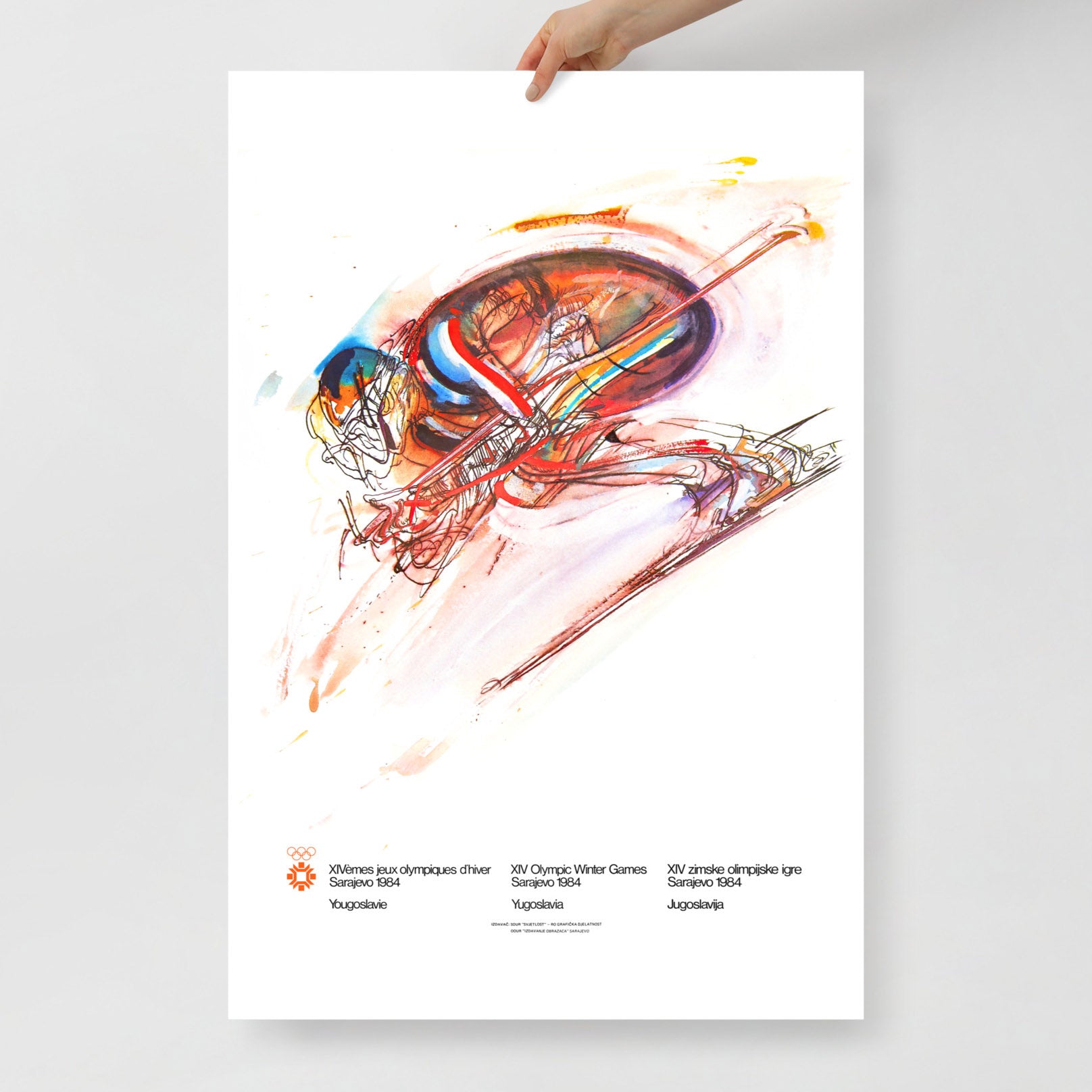 High-resolution Tech Skiing poster from Sarajevo 1984 Olympics by Ismar Mujezinović