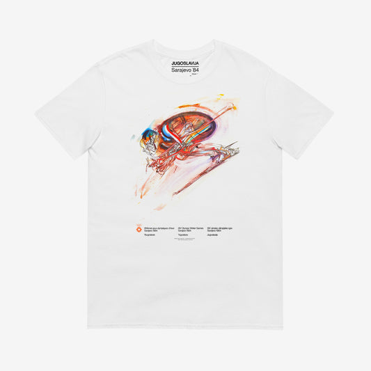 Unisex T-shirt featuring Tech Skiing artwork from Sarajevo 1984 Olympics by Ismar Mujezinović
