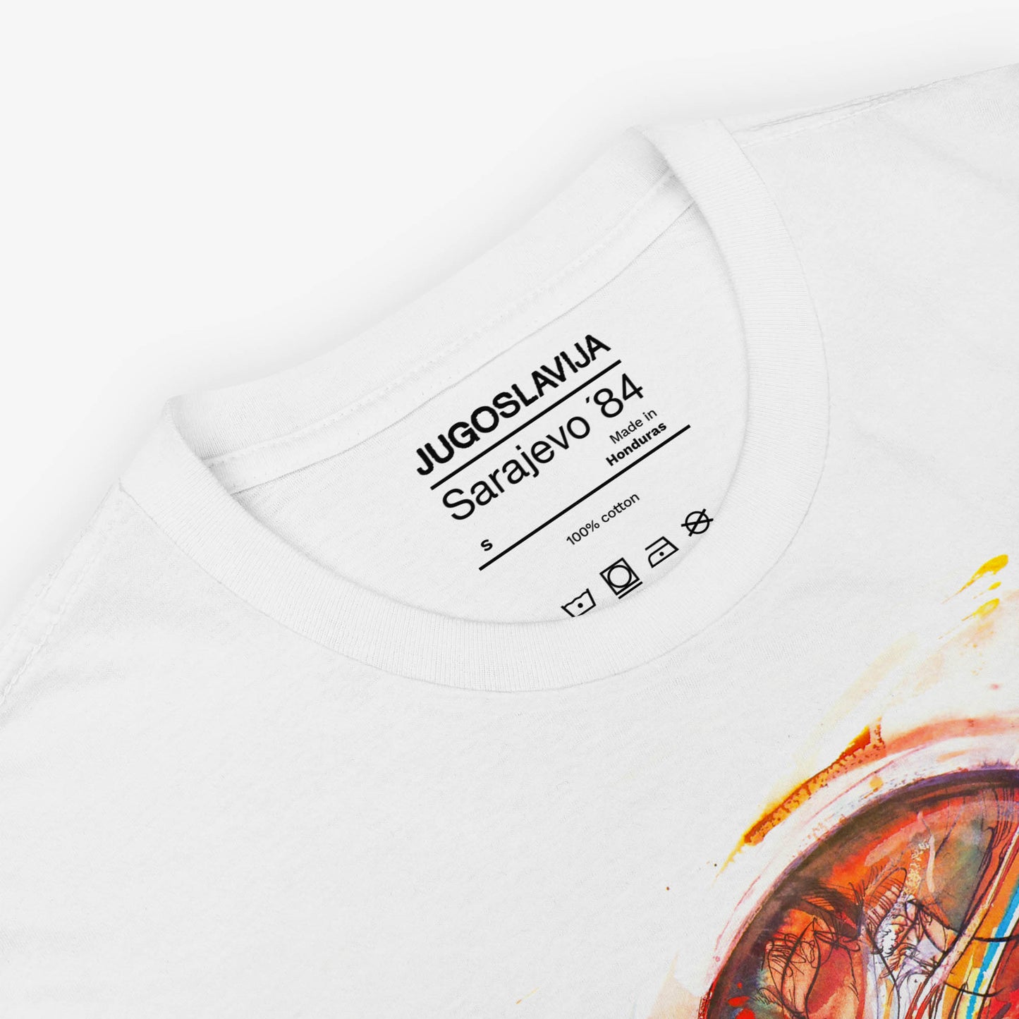 Unisex T-shirt featuring Tech Skiing artwork from Sarajevo 1984 Olympics by Ismar Mujezinović