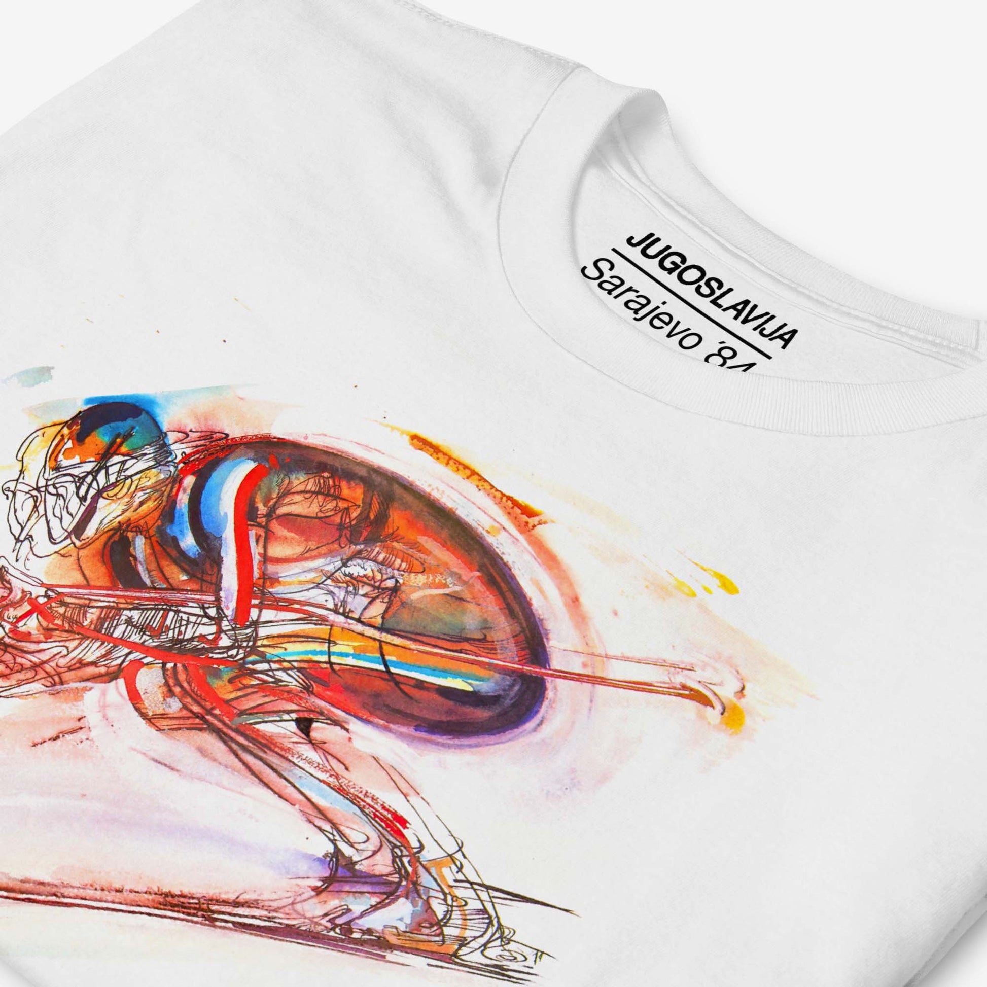 Unisex T-shirt featuring Tech Skiing artwork from Sarajevo 1984 Olympics by Ismar Mujezinović