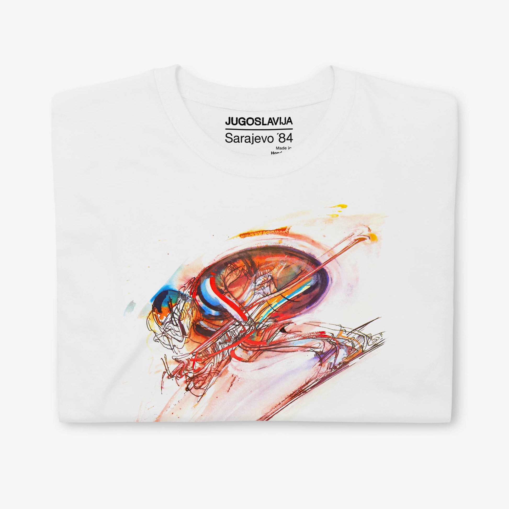 Unisex T-shirt featuring Tech Skiing artwork from Sarajevo 1984 Olympics by Ismar Mujezinović