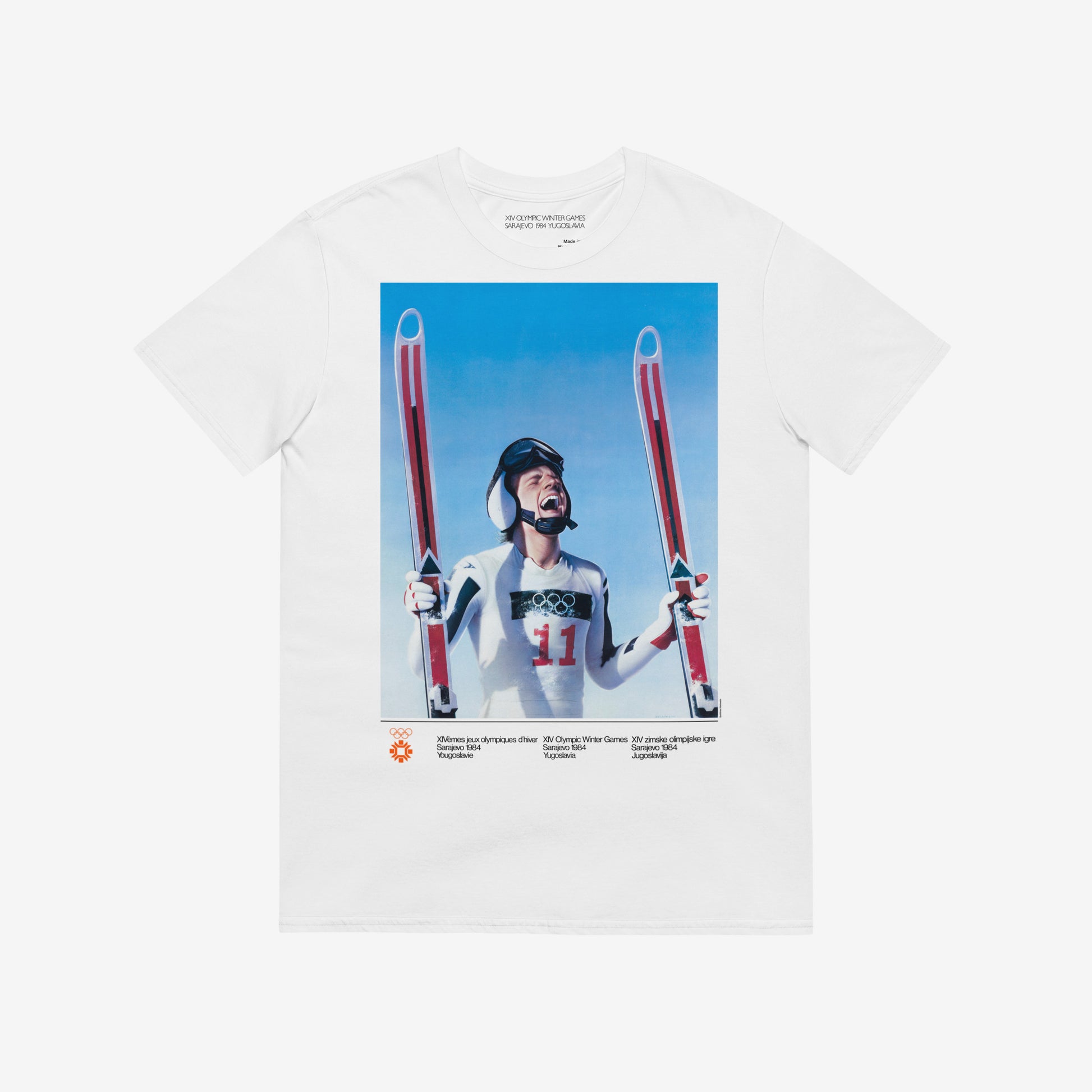 Yugoslavia Olympic Games white unisex T-shirt featuring large print of Sarajevo 1984 Winter Olympics skier. www.artsoviet.com