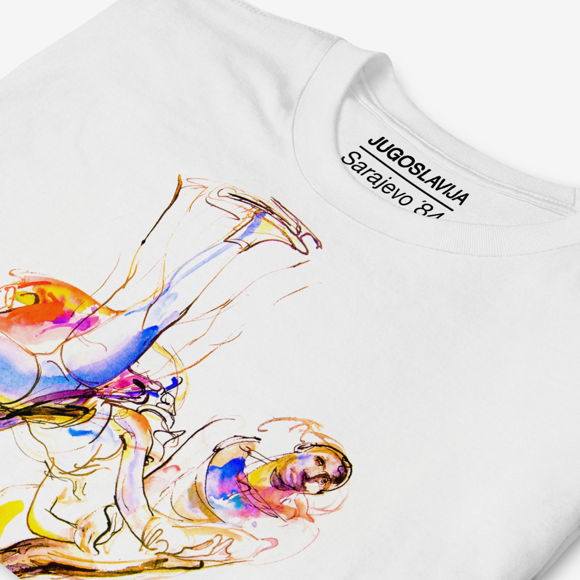 Unisex T-shirt with Figure Skating artwork from Sarajevo 1984 Winter Olympics by Ismar Mujezinović