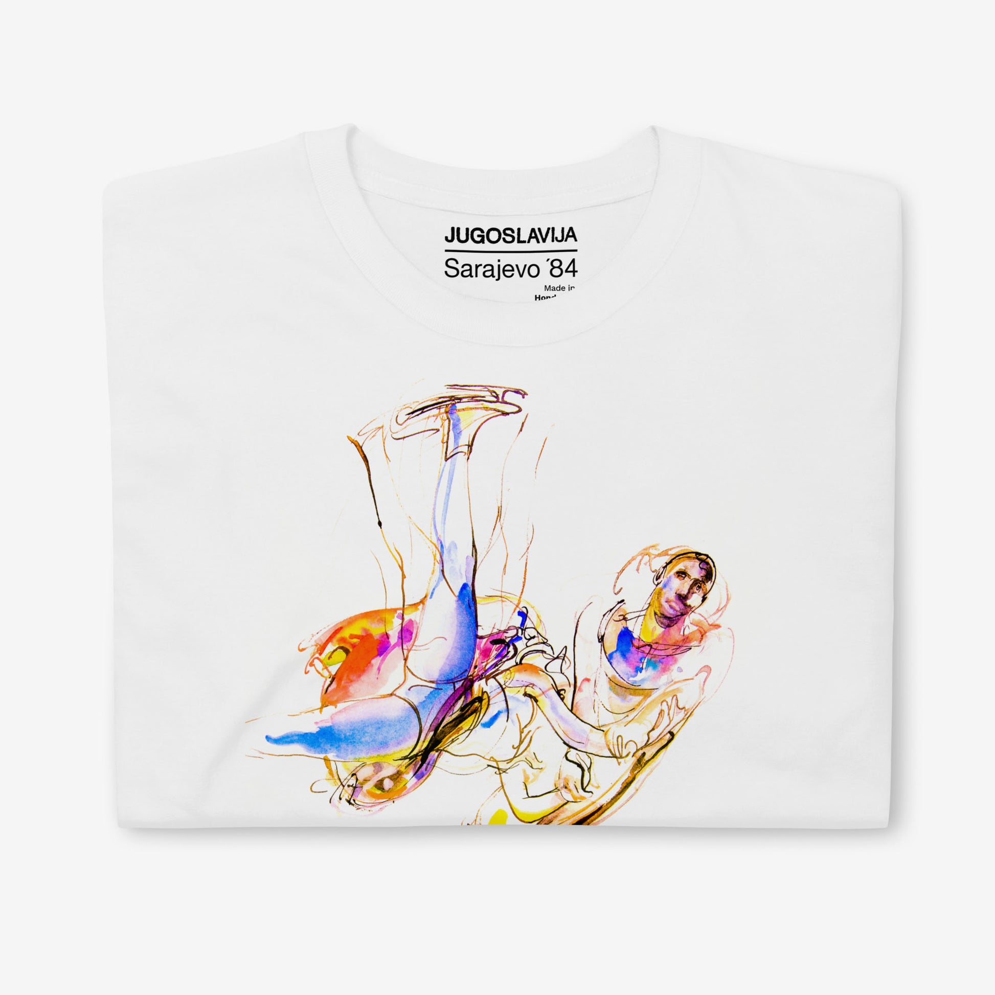 Unisex T-shirt with Figure Skating artwork from Sarajevo 1984 Winter Olympics by Ismar Mujezinović