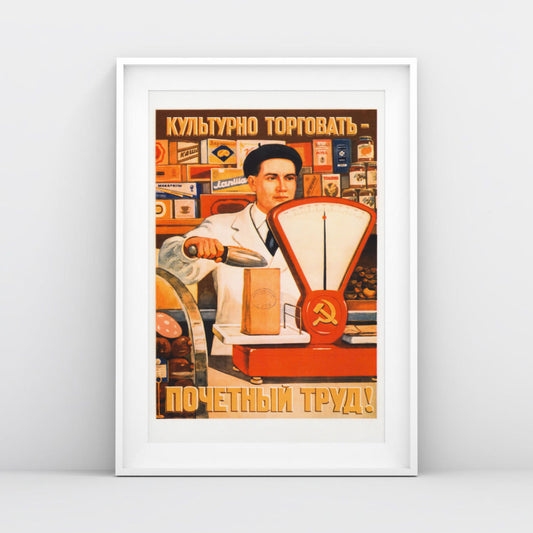 Front view of the large Soviet poster showcasing the well-dressed shopkeeper, shot in a minimalist setting with natural lighting