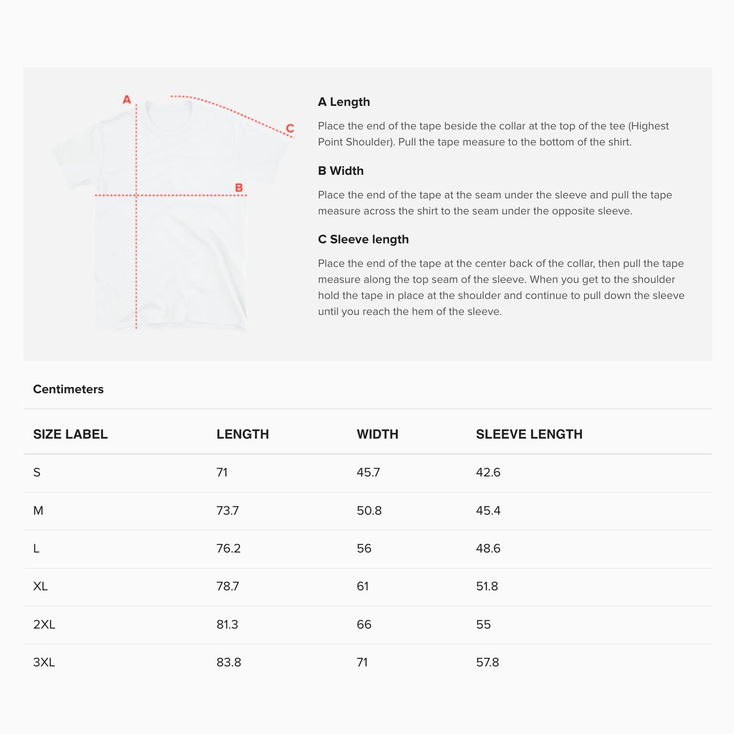 Adult unisex T-shirt size guide www.artsoviet.com