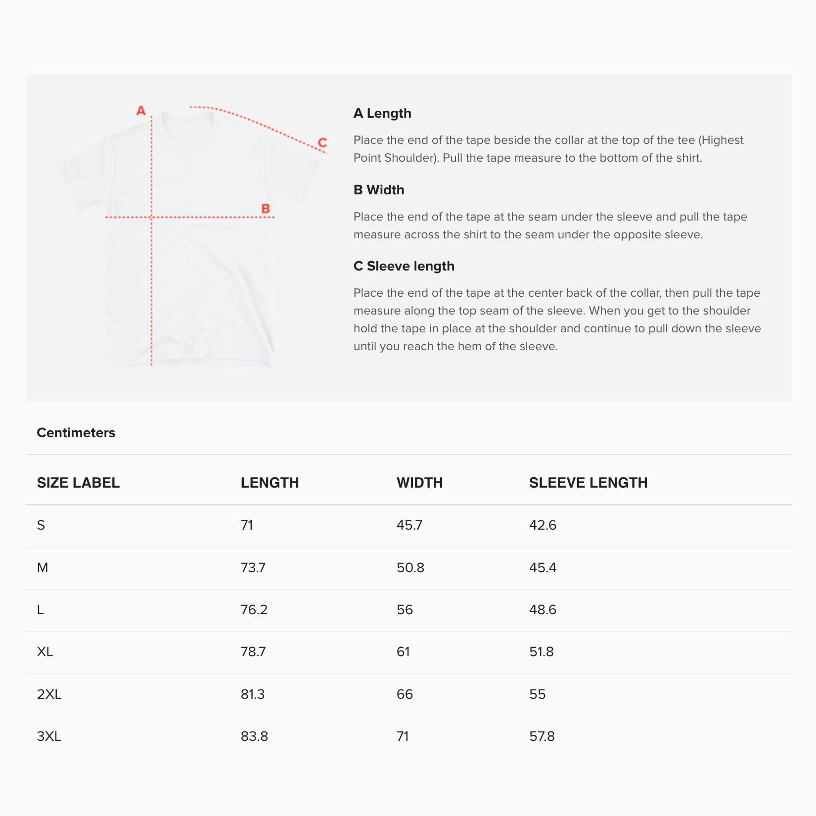 Adult unisex T-shirt size guide www.artsoviet.com