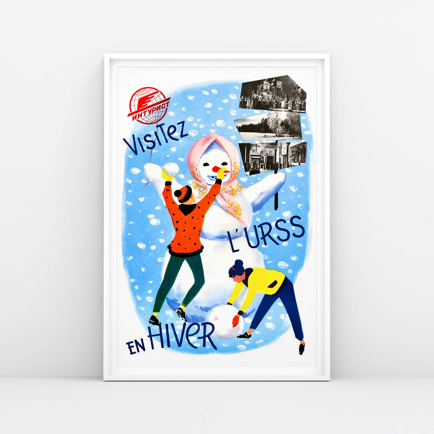 Rare large vintage 1958 Intourist Travel Poster Visit the USSR in Winter with a snowman. Framed in white. www.artsoviet.com