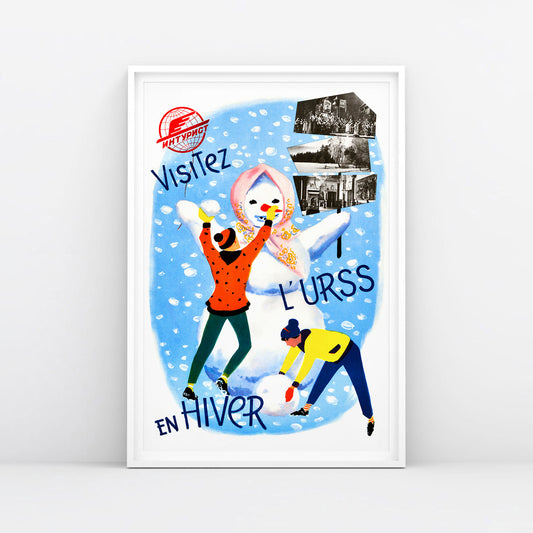 Rare large vintage 1958 Intourist Travel Poster Visit the USSR in Winter with a snowman. Framed in white. www.artsoviet.com