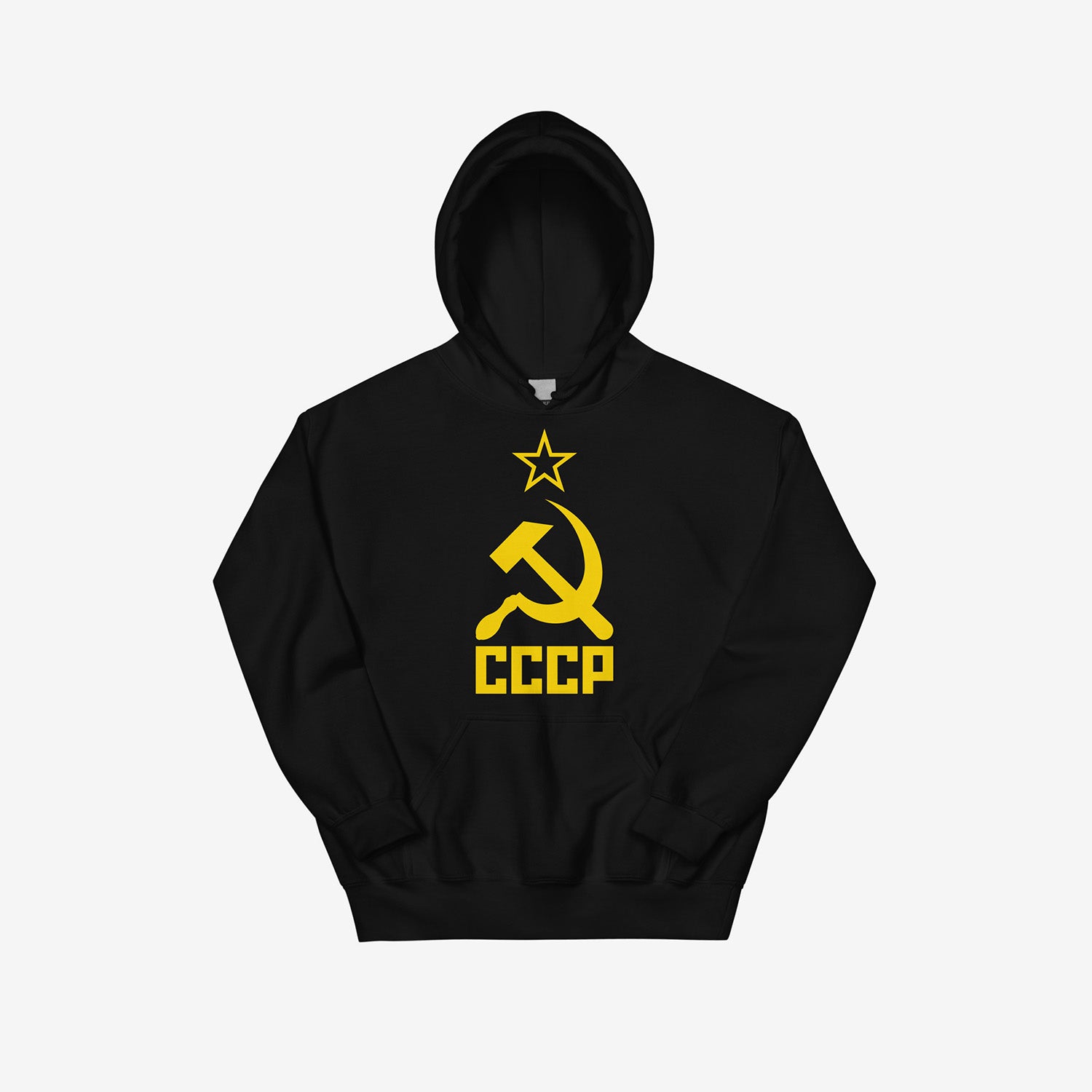 Soviet flag black hoodie with yellow hammer and sickle and CCCP text. From artsoviet.com