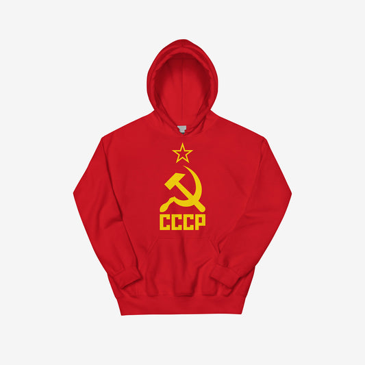 Red Soviet flag hoodie with yellow hammer and sickle and CCCP text. From artsoviet.com