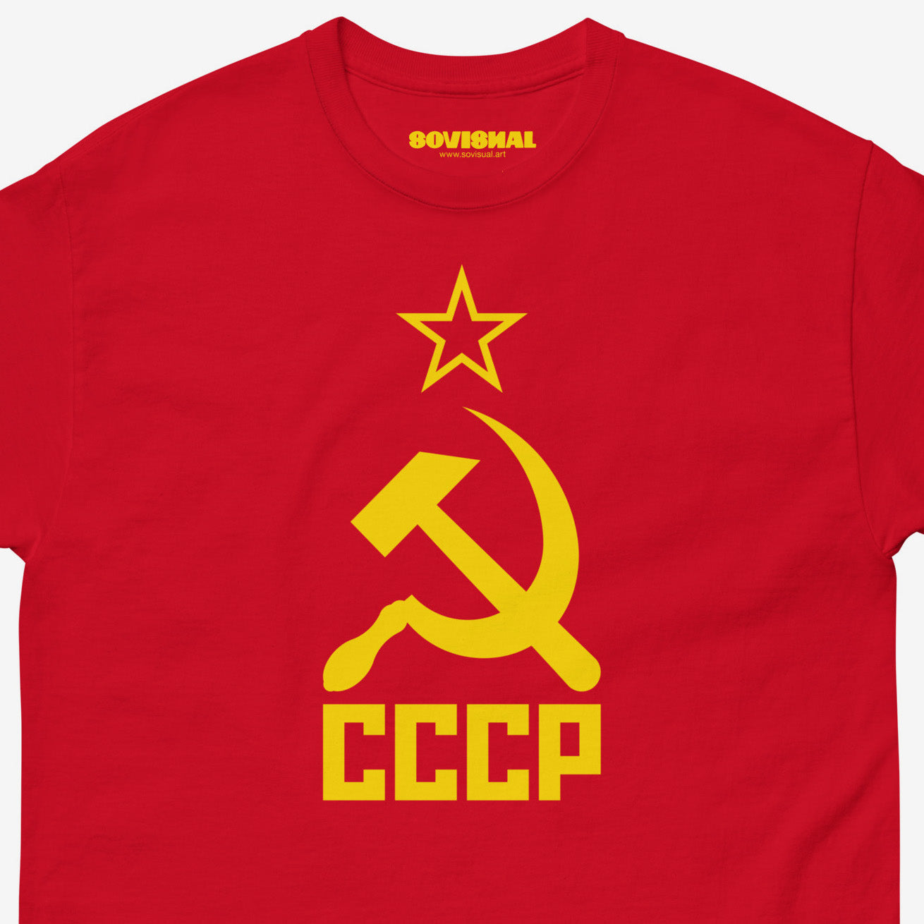 Red Soviet flag shirt with yellow hammer and sickle and CCCP text. Closeup photo. Premium quality and design unisex tee. From artsoviet.com