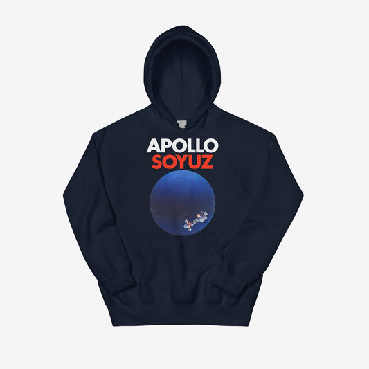 Soyuz Apollo hoodie with USA USSR 1975 space mission emblem symbolizing Soviet-American friendship. From artsoviet.com