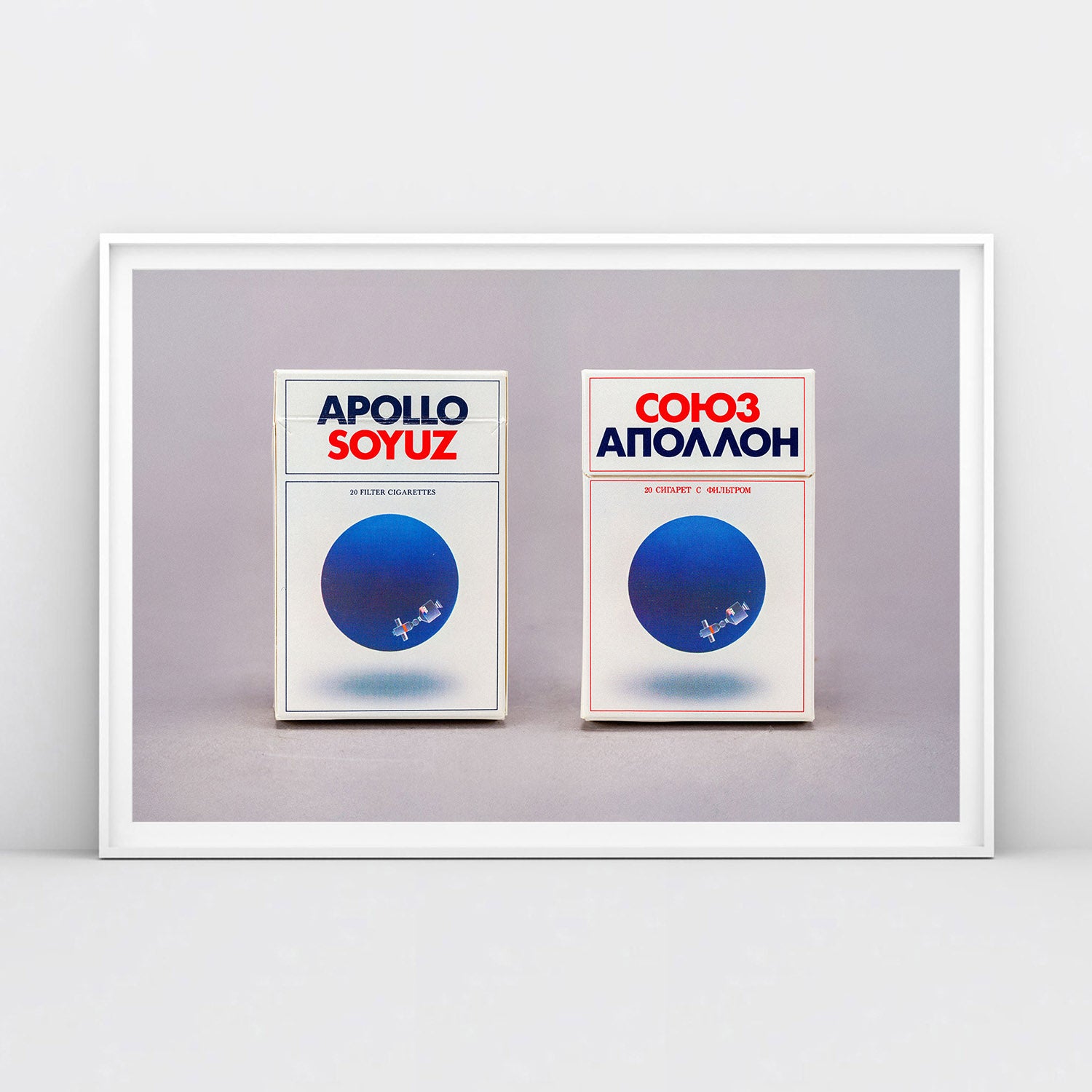 Archival museum large framed poster of Soyuz Apollo fags commemorating 1975 USA–USSR space mission, museum-quality print. From artsoviet.com