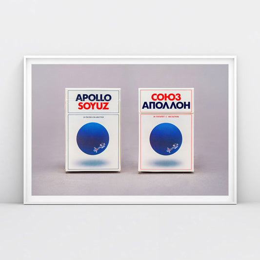 Archival museum large framed poster of Soyuz Apollo fags commemorating 1975 USA–USSR space mission, museum-quality print. From artsoviet.com