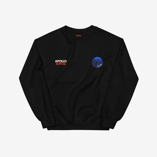 Soyuz Apollo black sweatshirt with discreet design on chest – USA USSR Space friendship graphic. From artsoviet.com