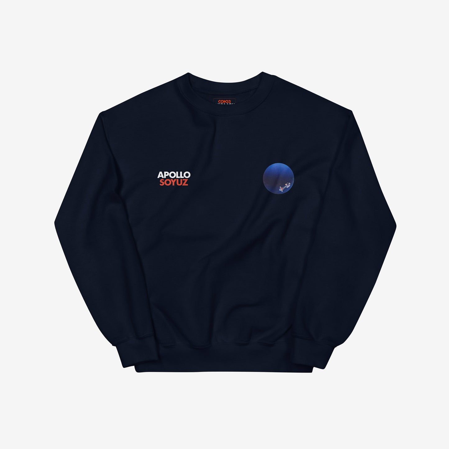 Soyuz Apollo navy sweatshirt with discreet design on chest – USA USSR Space friendship graphic. From artsoviet.com