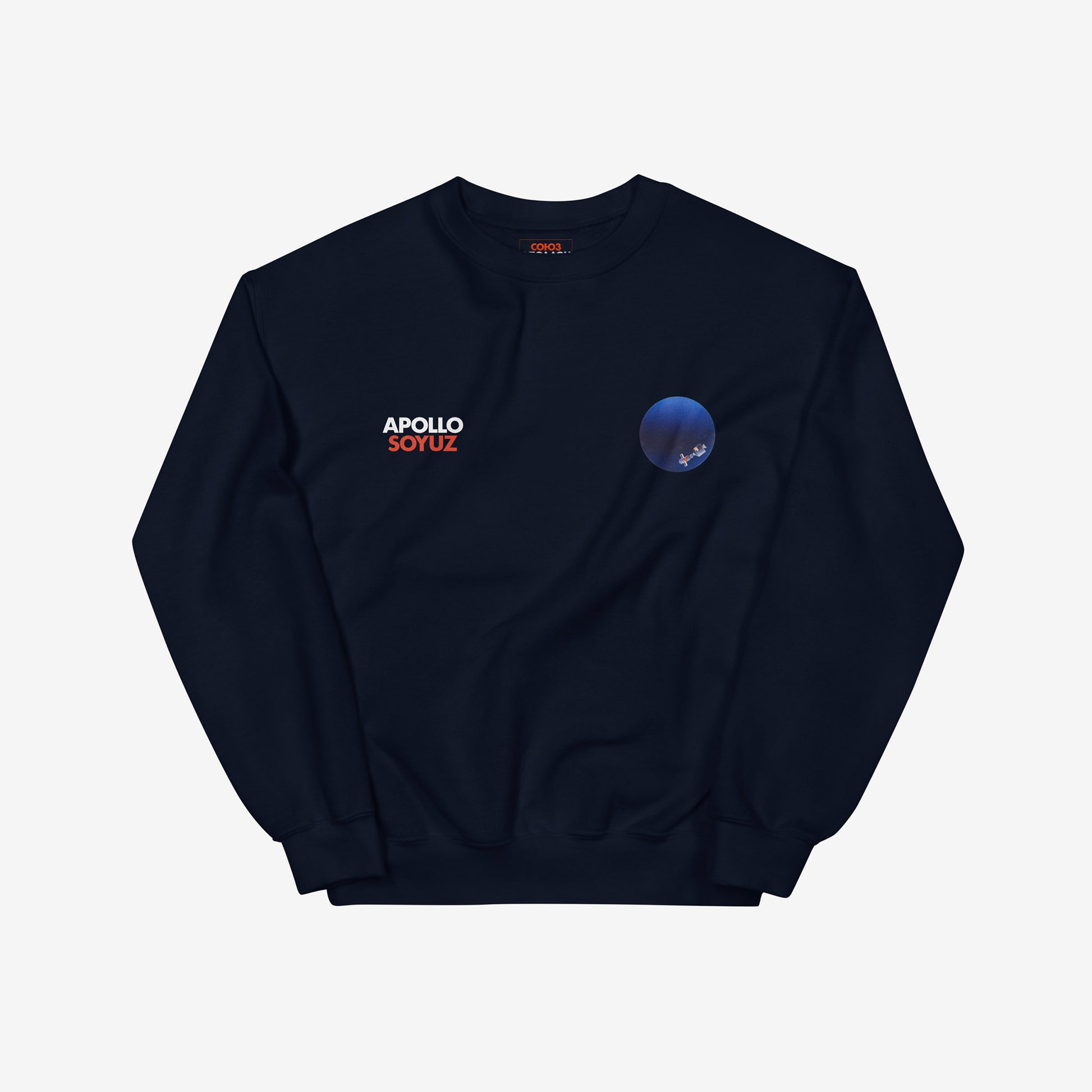 Soyuz Apollo navy sweatshirt with discreet design on chest – USA USSR Space friendship graphic. From artsoviet.com